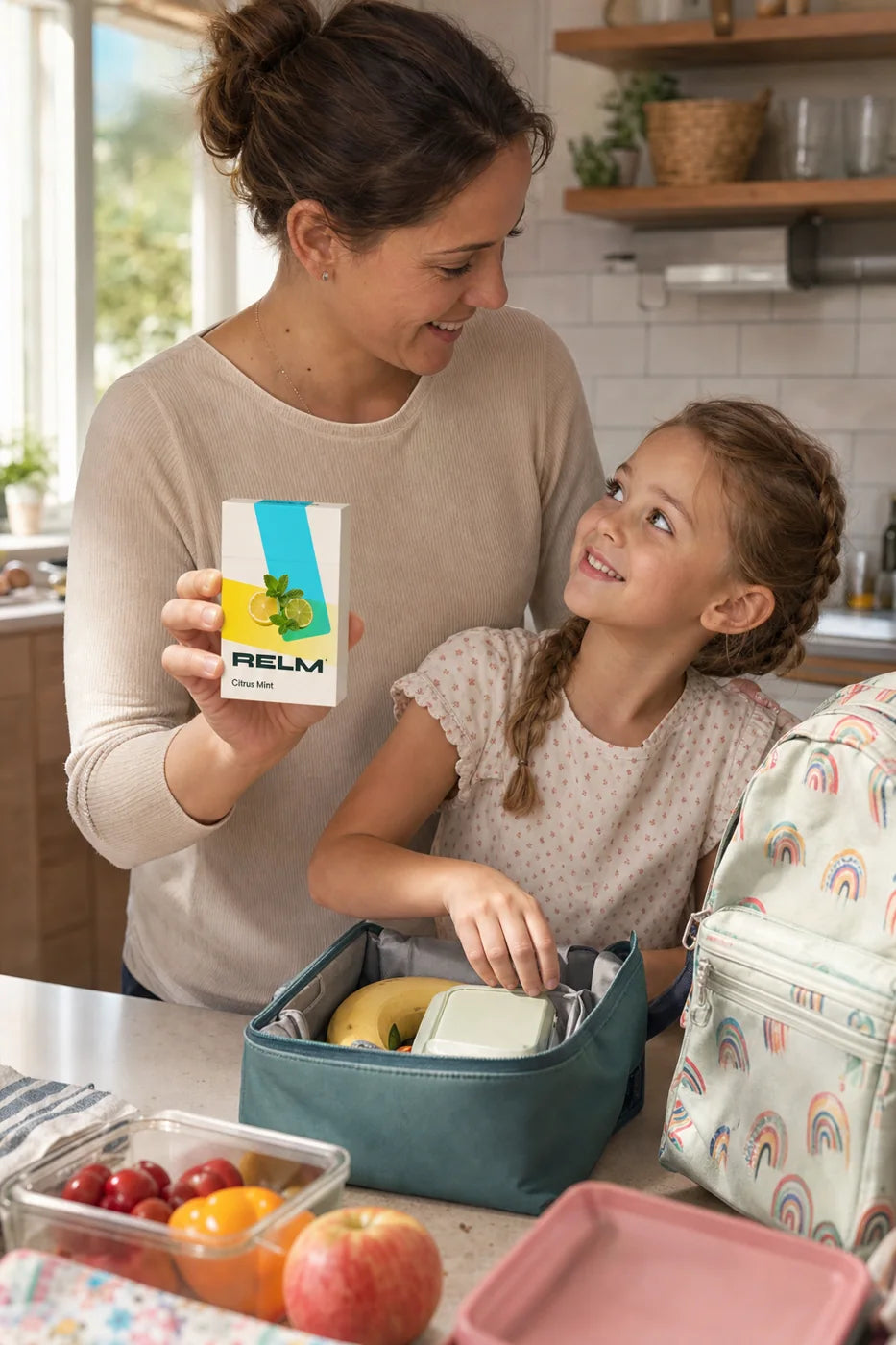 A parent in the kitchen in the morning with a Relm pack