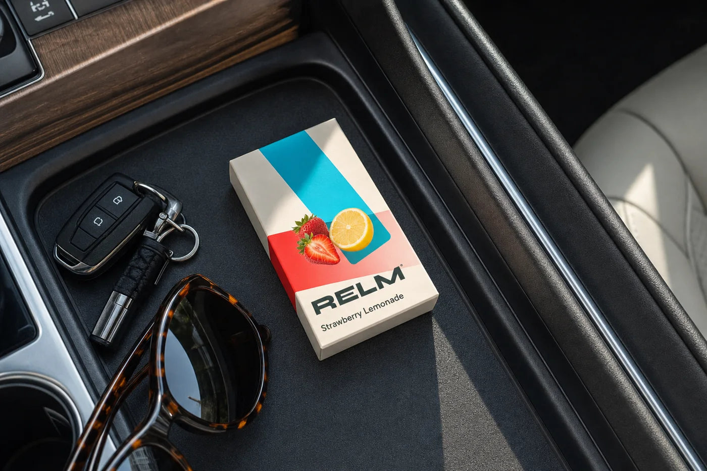 A Relm pack in a car console
